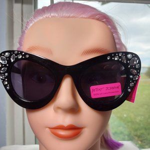 NWT Betsey Johnson Oversized Black Cat Eye Sunglasses With Crystals and Pearls
